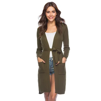 

2019 New Spring Autumn Woman Long Sleeve Solid Color Office Lady Long Sweater Cardigan Knitting Outwear with Waistband