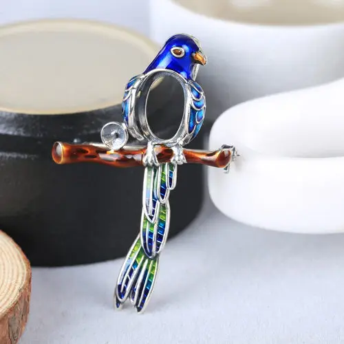 

Cloisonne Enamel 925Sterling Silver Women Brooch Semi Mount for 10x14mm Oval Cabochon Amber Agate Opal Fine Jewelry Setting Bird