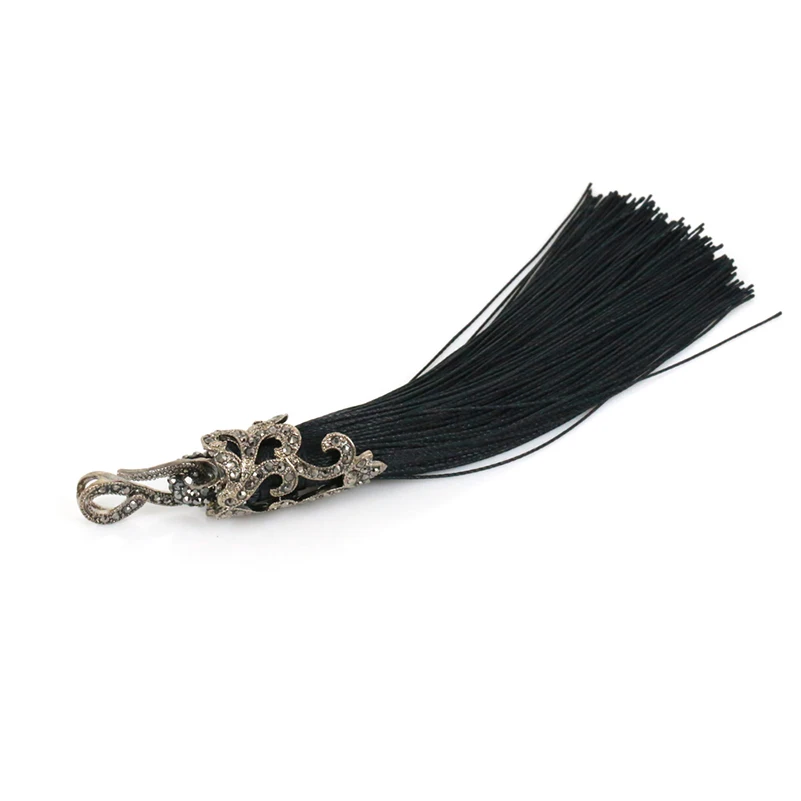 

Bohemia Classic Black Fabric Silk Tassel Pendant Black Hematite Bead Chain Infinite Rhinestone Connector Necklace For Women 0