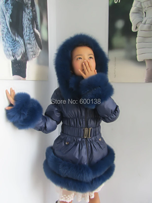 

Free shipping new style winter child down coat / popular down wear with fox fur trim /for age10-13 mult color puffer