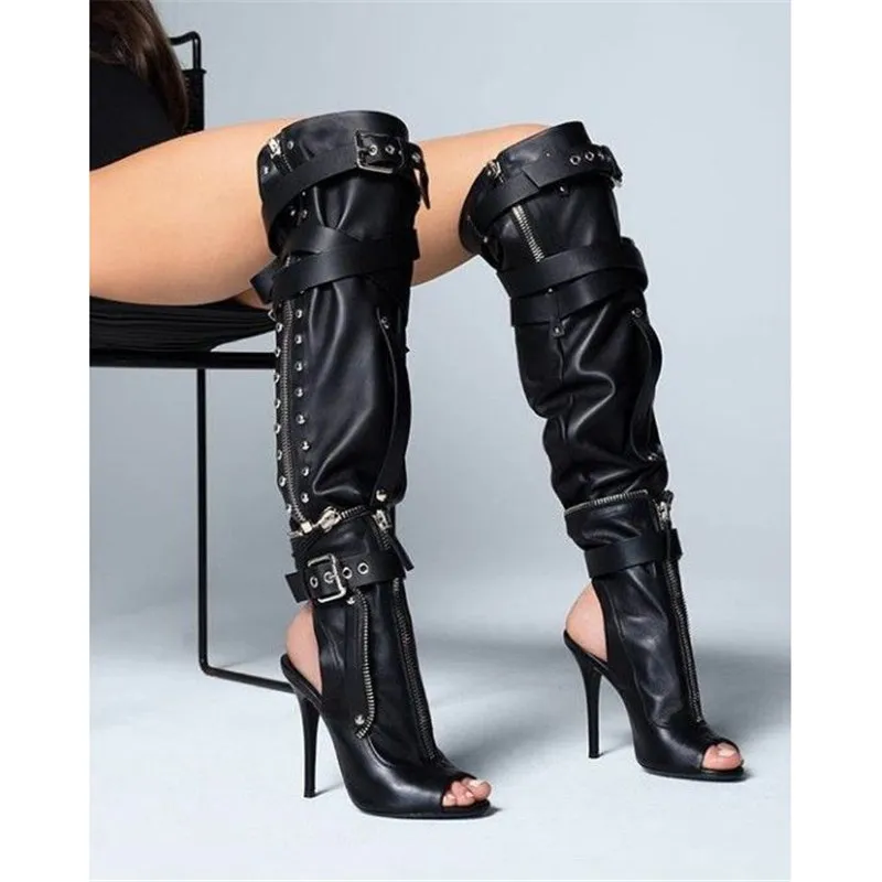 

New Punk Style Buckle Strap Over The Knee Boots Black Designer Open Toe High Heels Shoes Woman Zipper Thigh High Boots Mujer