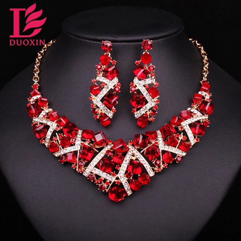 2016 Mujeres Sparkling Rhinestone Rojo de Cristal Del Collar Del Ahogador Set Charm Joyería Nupcial Conjunto