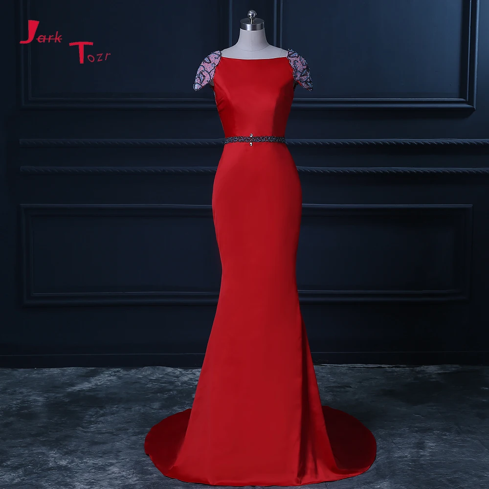 

Jark Tozr 2019 New Arrive Cap Sleeve Sexy Backless Shiny Beading Crystal Pearls Red Satin Mermaid Formal Prom Dresses Galajurken