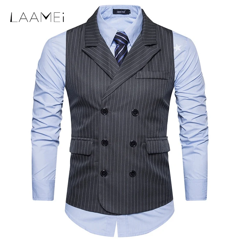 

Laamei Men Vests Double Breasted Gentlemen Mens Shawl Collar Stripe Vests Suit Formale Vest Business Chalecos Hombre