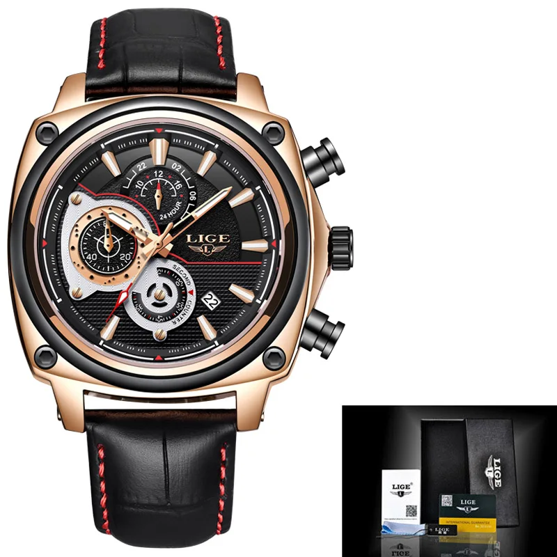 LIGE часы для мужчин бизнес водонепроницаемый Дата аналоговые кварцевые мужские s часы хронограф кожа спортивные часы для мужчин Relogio Masculino - Цвет: Gold Black