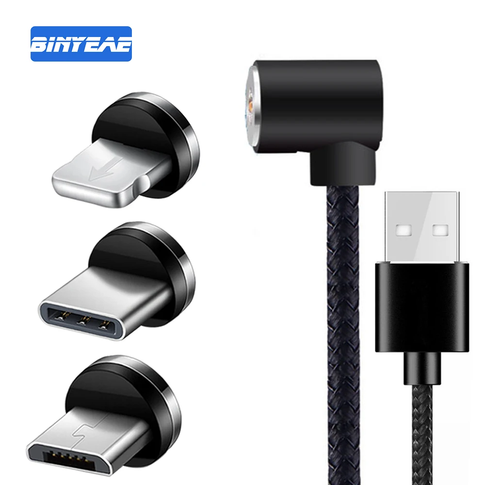 Beste Magnetische Kabel 1 m 90 Graden L Type Opladen USB Type C Micro voor Lightning IPhone 7 8 X Nylon Gevlochten voor XIAOMI Samsung S9 3IN1