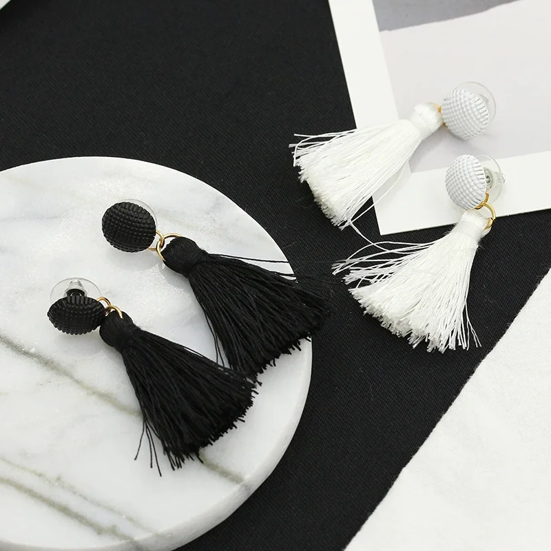 KLEEDER Ethnic Boho Long Cotton Tassel Earrings Dangle Drop Fringed