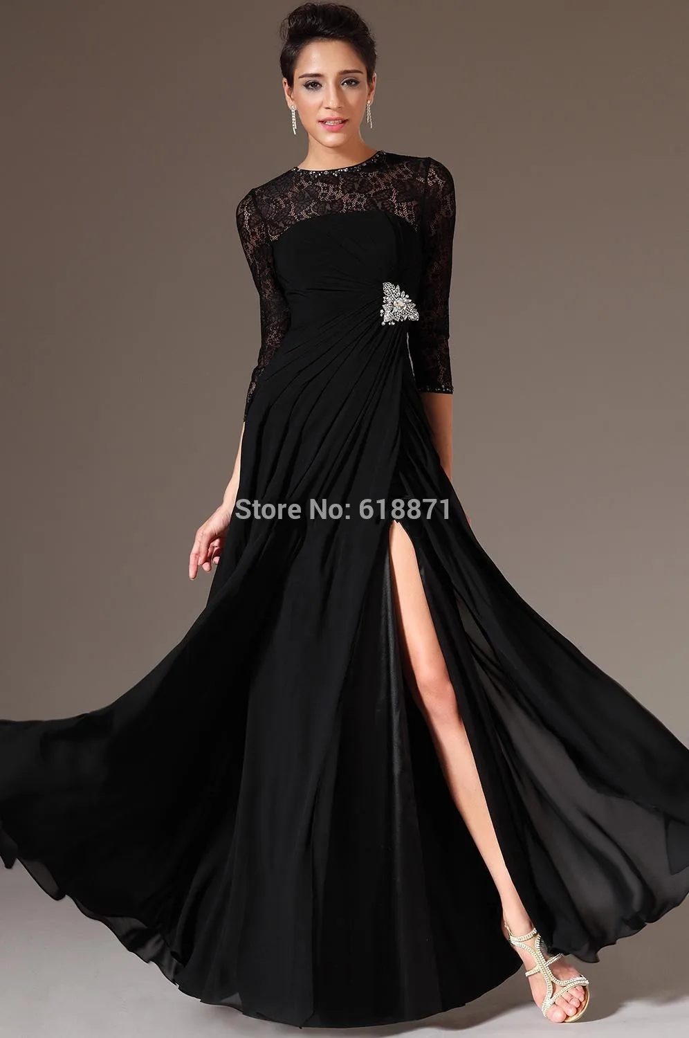 High Thigh Slit Style Black Chiffon Mother Of The Bride Dress with Lace