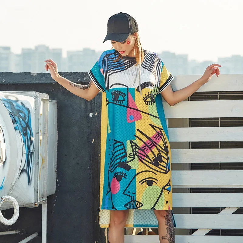 

2019 Summer Fashion Cartoon Pattern Mesh Dress Women Loose Long Yelloe and Green Dresses Eye Women Clothes