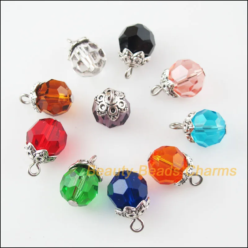 

New 10Pcs Mixed Round Crystal Beads & Flower End Caps Charms Pendants 10x15mm