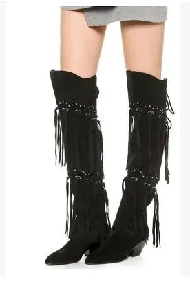 2017 new fringe over the knee woman boots fashionable pointed toe high square heel riding boots well matched clothes boots