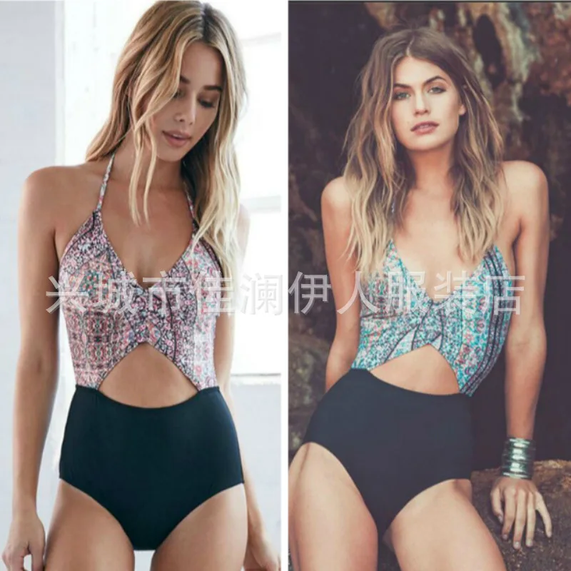 

2018 Female One Piece print bikini Swimwear Women Solid v neck Swimsuit Sexy High waist Monokini Hollow Out Biquini Bathing Suit