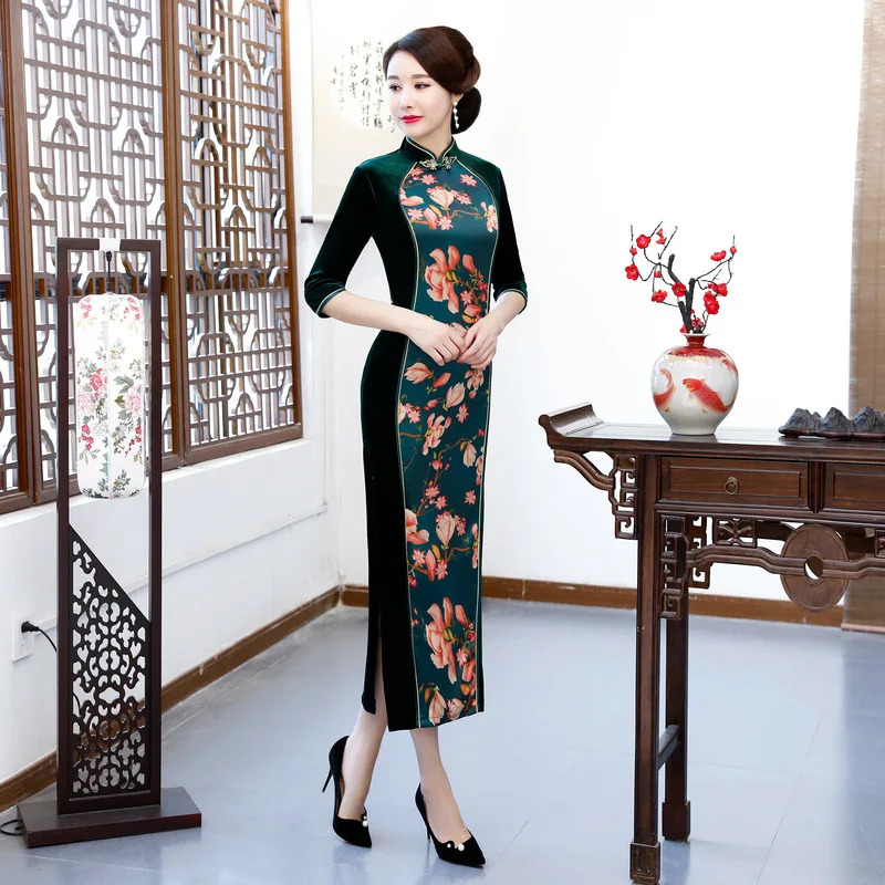 

Green Splice Winter Velvet Cheongsam Mom Dresses Qipao Long Oriental Style Dress Women Autumn Chipao Traditional Chinese