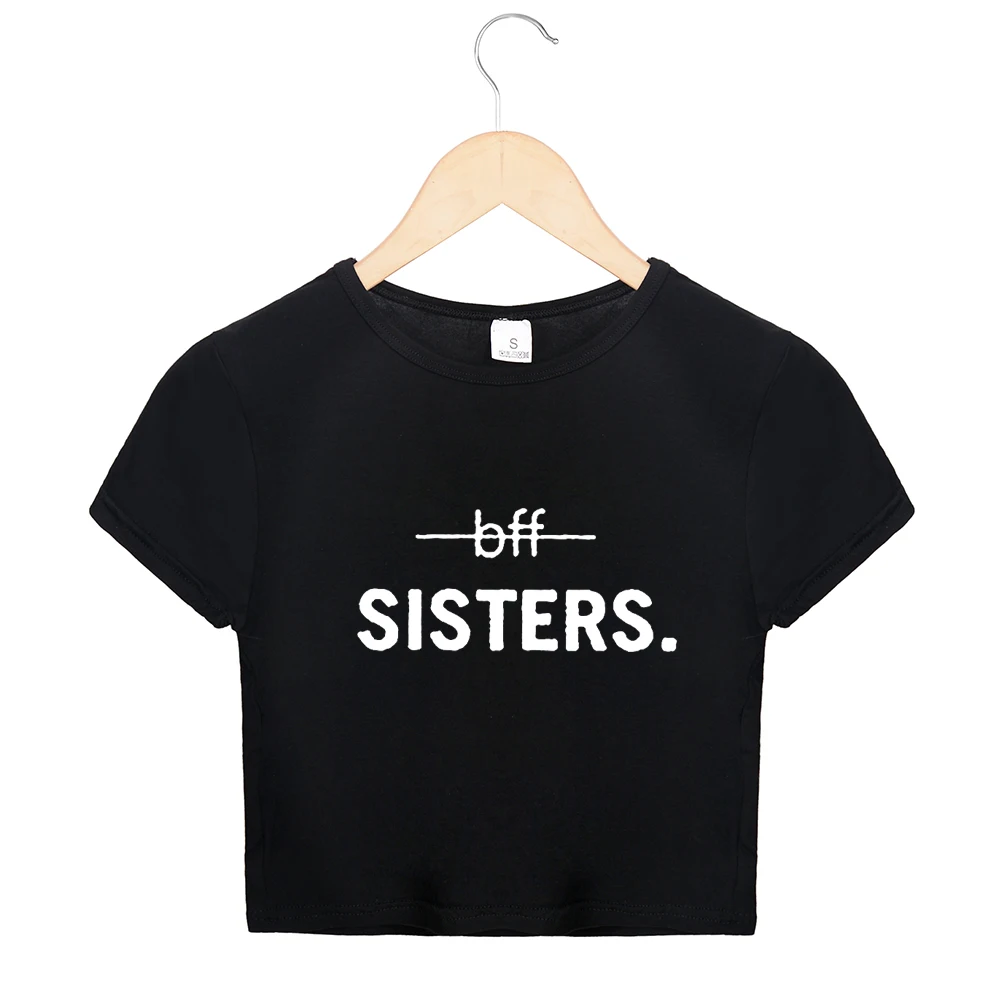 BFF Sister/Модные женские футболки с принтом «Лучший Друг», свободные безрукавки, короткие футболки с круглым вырезом и надписью, укороченные топы для женщин - Цвет: Black