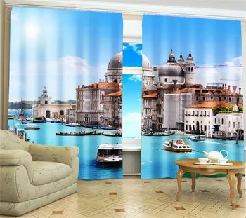 

City by the Sea 3D Painting Blackout Curtains Office Bedding Room Living Room Sunshade Window Curtain Bedding Custom-made Size