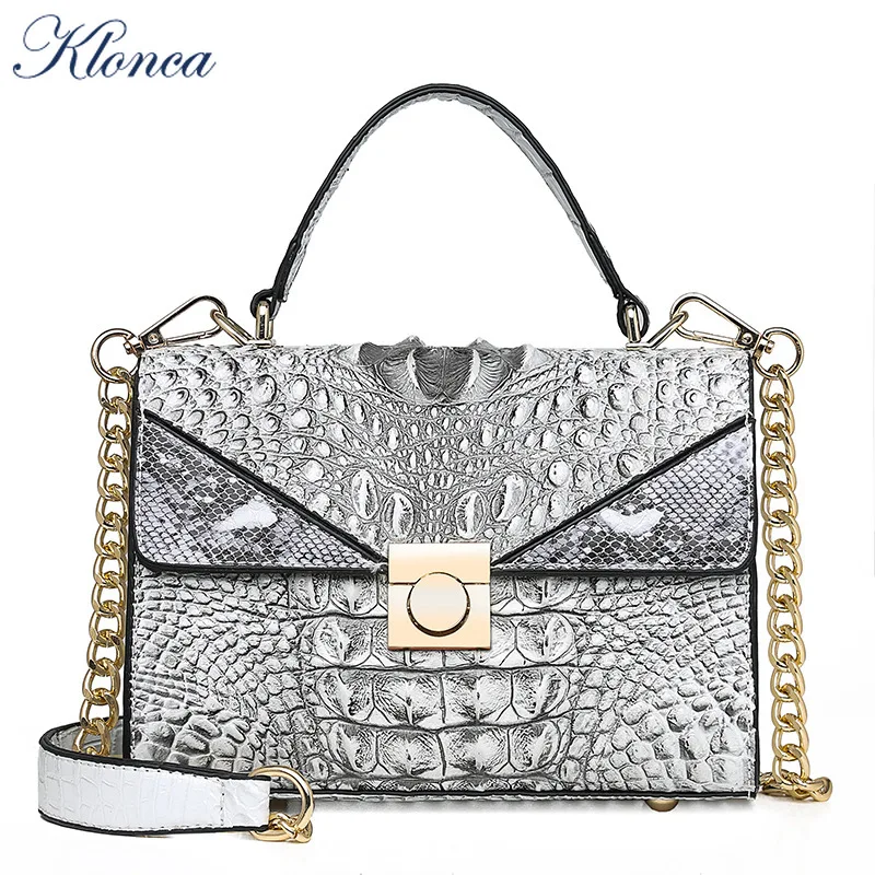 

Klonca PU Leather Female Handbag 2019 Summer New Chain Shoulder Bag Crocodile Pattern Casual High Quality Women Crosbody Bag