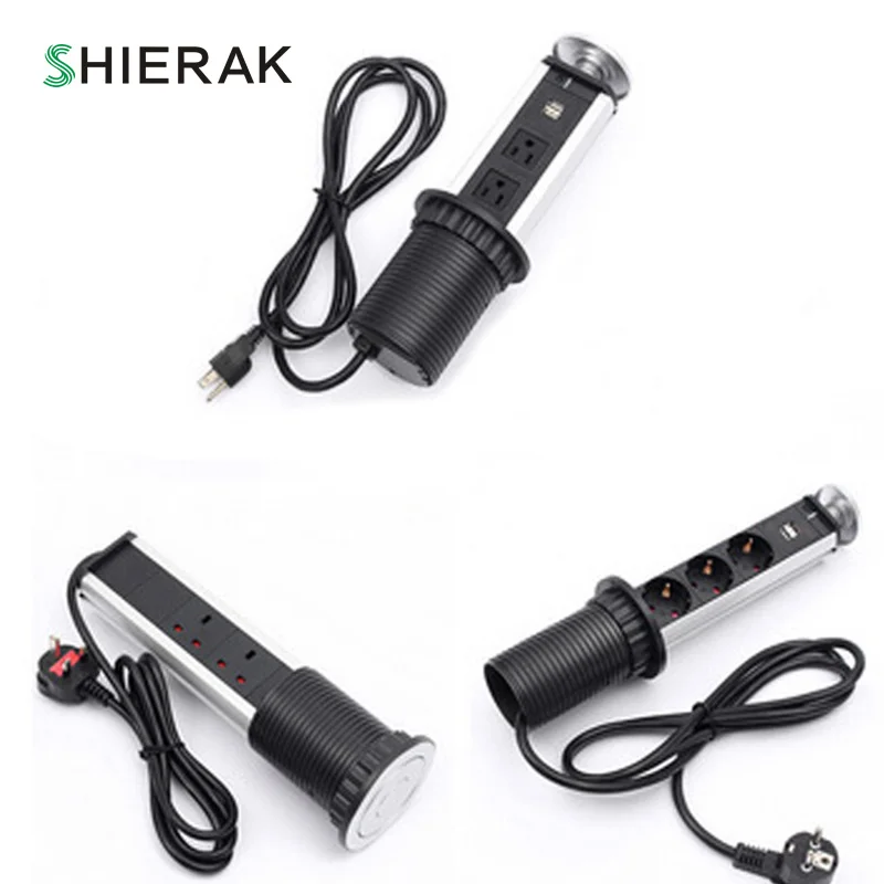 

SHIERAK Desktop Socket 3 Outlet With 2 USB Ports Kitchen Plug Sockets EU/UK/US Standard Office Socket Hidden In The Desk Home