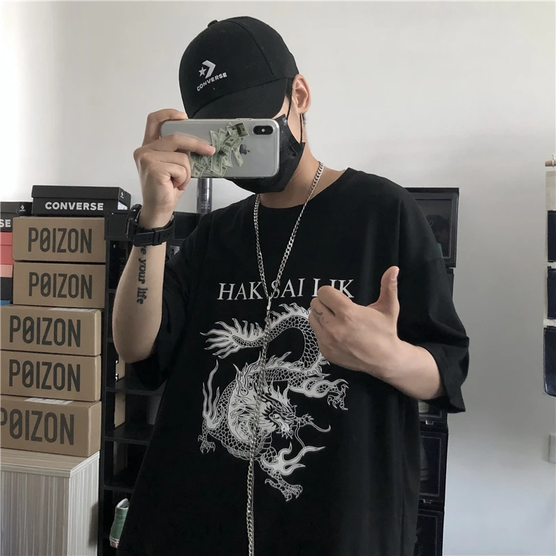 

Lychee Harajuku Dragon Letter Print Summer Womens Tops Casual Short Sleeve Women's T-Shirts Loose Crew Neck Lady T-shirt