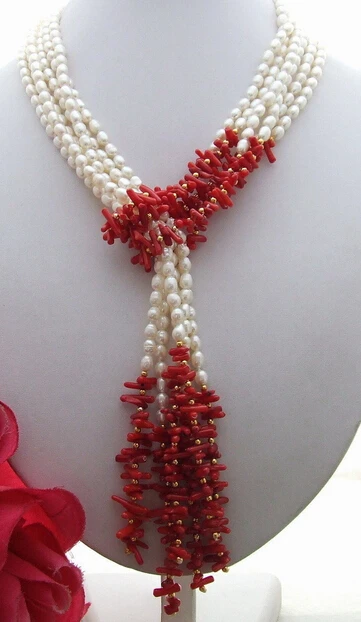 

Hot sale Free Shipping>>>>>N1408107 3Strds 50" White Pearl&Coral Necklace