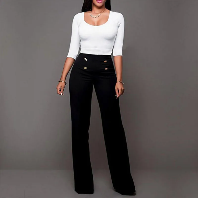 

2019 Spring High Waisted Women Flared Pants Brief Button Decoration Solid Wide Leg Trousers Plus Size Casual trousers Long Pants
