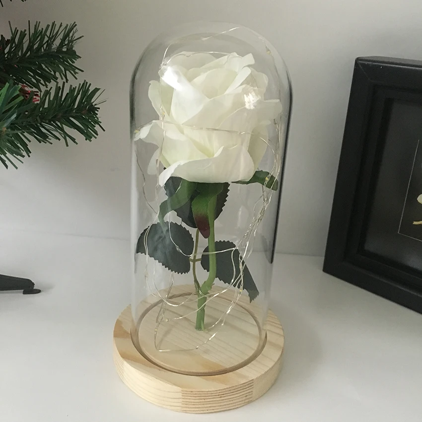 

Lowest Price Beauty and the Beast Artificial Flowers Rose with LED Light Wooden Base for Christmas Valentine Gifts