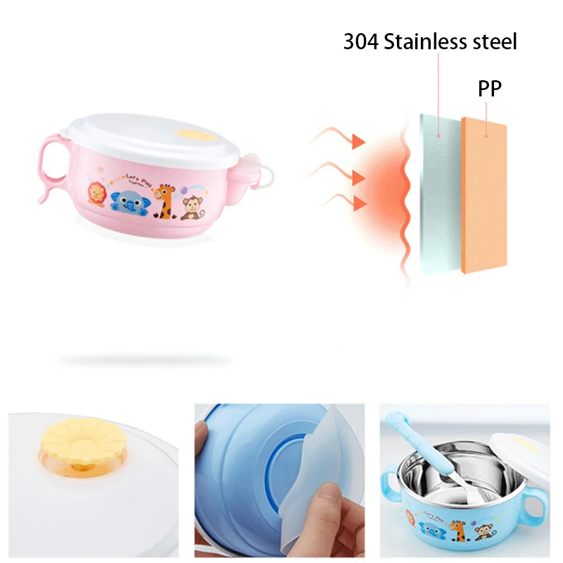 Baby Feeding Bowl Stainless Steel Cartoon Thermal Insulation Strong Suction Dishes With Fork Spoon Kids Training Bowls CL5319 Baby Feeding Bowl Stainless Steel Cartoon Thermal Insulation Strong Suction Dishes With Fork Spoon Kids Training Bowls CL5319