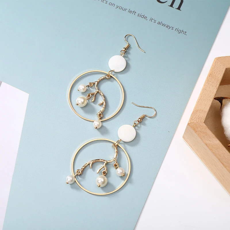 

Romantic Exaggerated Circle Branch Simulated Pearls Shell Drop Dangle Earrings Girls Women Fashion Alloy Gold Color Jewelry