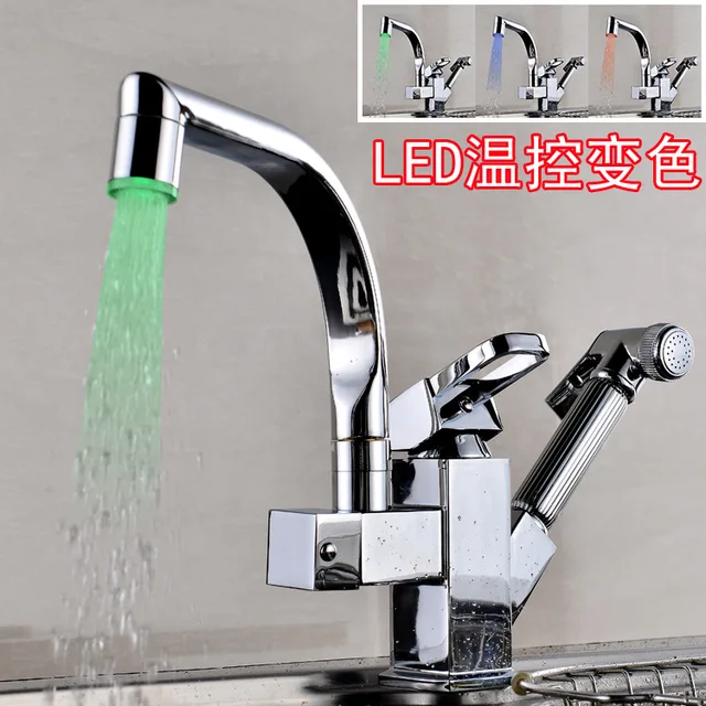 Special Offers Kitchen Faucets Modern Style LED Light Swivel Kitchen Sink Mixer Taps Deck Mount Pull Out Spray Cozinha Torneira YD-912