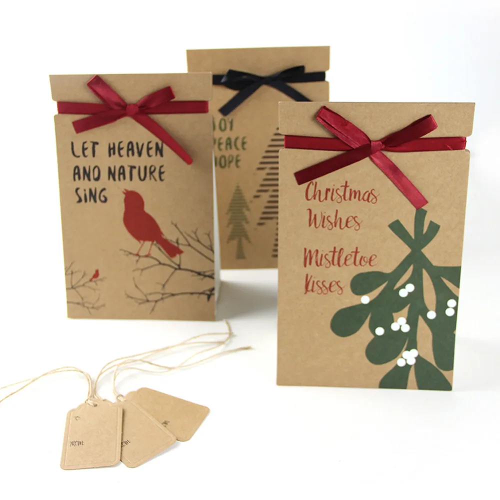Vintage Brown Christmas Kraft Paper Gift Bag with Tree Mistletoe Bird Printed Party Bags Xmas Table Centerpiece Decor | Дом и сад