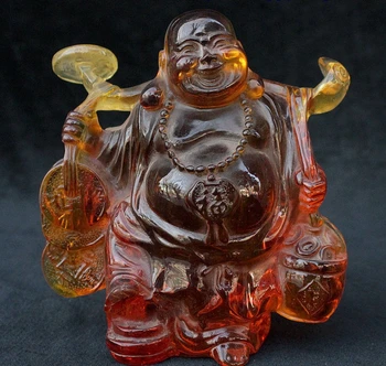

6" China Amber Carved Happy Laugh Maitreya Buddha Yuanbao Coin God Wealth Statue