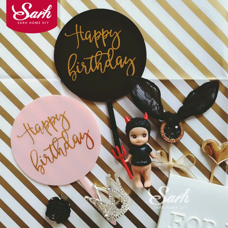 

Ins Style Round Bronzing "Happy Birthday" Crown Bow-knot Cake Topper Dessert Decoration for Wedding Birthday Party Gifts