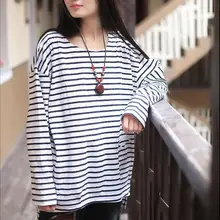 Женская Полосатая Футболка, Весенняя новая женская одежда размера плюс, Топ с длинным рукавом и круглым вырезом, Повседневная хлопковая нестандартная футболка