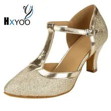 HXYOO 2018 In Stock Glitter Closed Toe Ballroom Shoes Women Salsa Dance Shoes Latin Tango Gold
