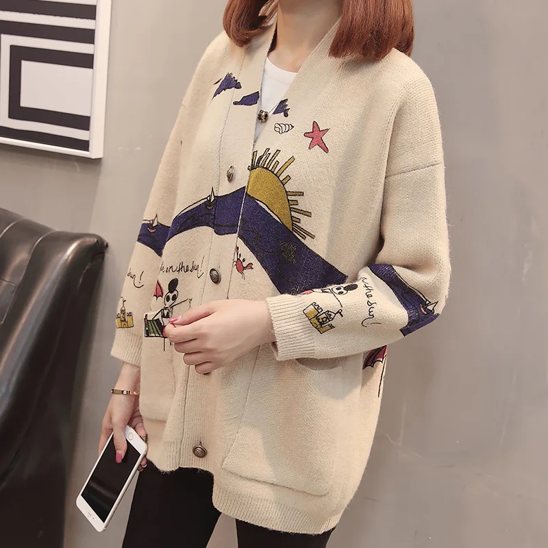 

2018 Women's Autumn Winter Cartoon Long Sleeve Knit Cardigans Female Woman Open Stitch Sweaters