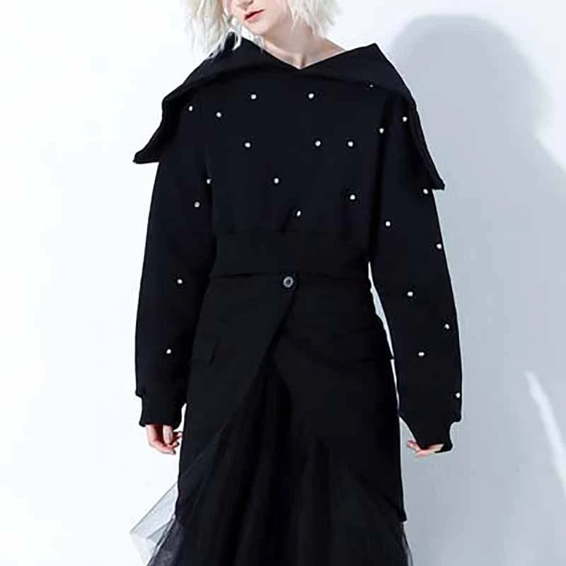 

[YaLee] New Fashion 2019 Autumn Simple Big Lapel Long Sleeve Rhinestone Stitching Two Ways Wear Short Loose Coat Woman A886