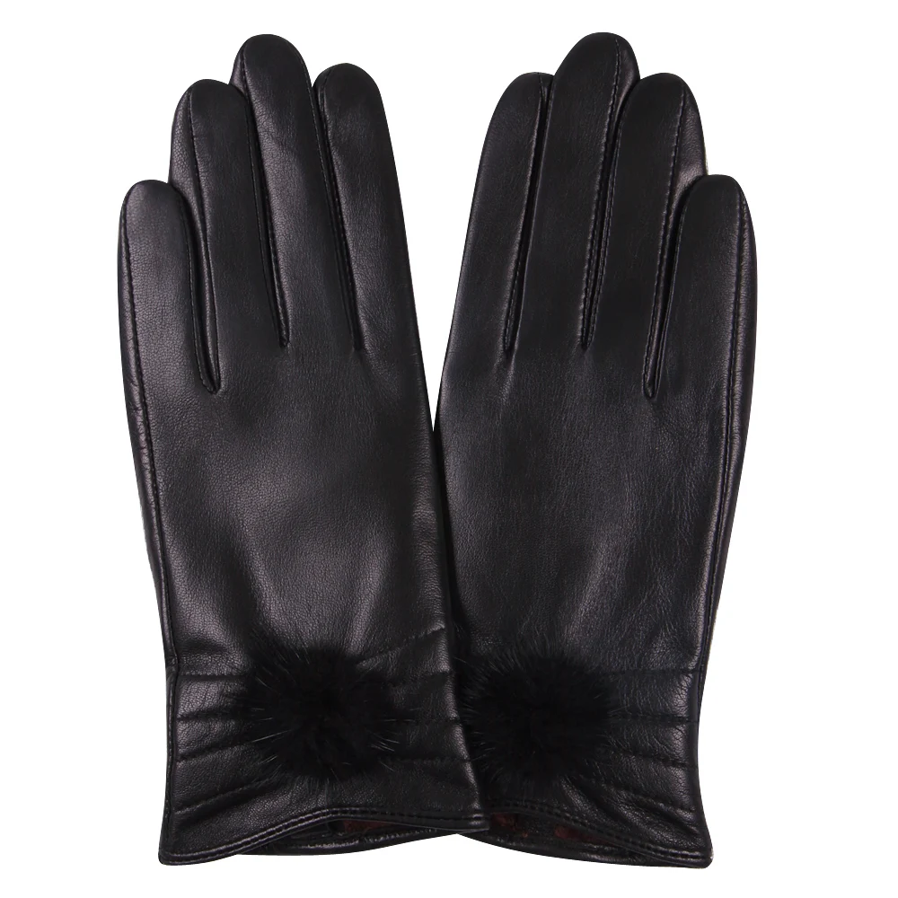 Leather Gloves Female Autumn Winter Cute Ball Keep Warm Touch Screen Driving Plush Lined Thicken Sheepskin Woman Gloves L18006NC