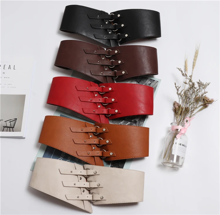 

2019 Ring Buckle Leather Cummerbund Women Dress Belts Red Brown PU Elastic Waist Band Belt Fashion Ladies Corset Girdle Belt