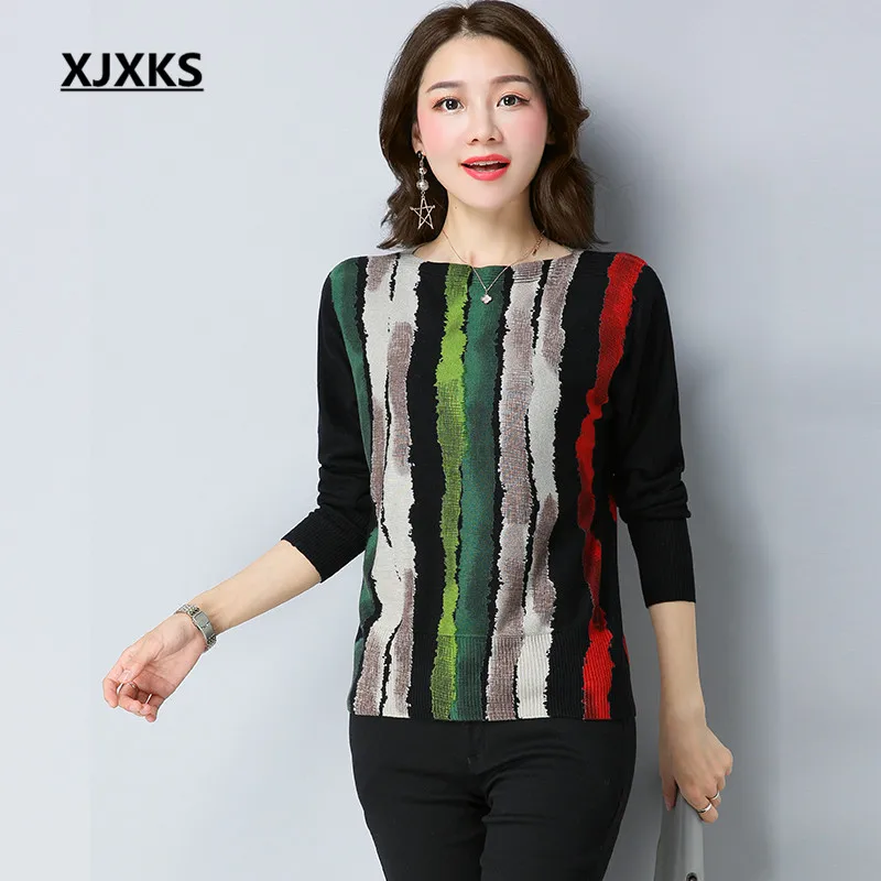 

XJXKS Slash Neck Women Pullovers And Sweater 2017 New Selling Vertical Stripes Comfortable 2 Colors Woman Knitted Sweaters