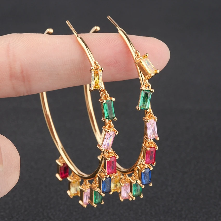 

Punk Hip Hop Large Square Hoop Earings Geometric Colorful Crystal Zircon Statement Earrings For Women Fashion Jewelry