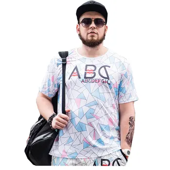 

Tide brand large size men's Spring and summer thin section XL T-shirt tide geometric patterns Loose short-sleeved Size 5XL 6XL