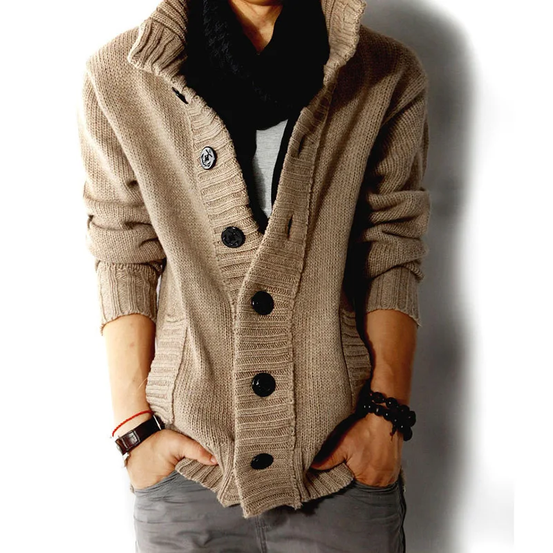 Winter Korean Fashion Men's Thick Sleeve Long Jacket Fashion Casual Slim Loose Collar Button Knit Solid Color Sweater For Men