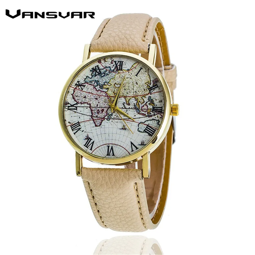 

Vansvar Brand Fashion World Map Watch Leather Strap Watch Women Dress Watches Quartz Watch Relogio Feminino 1548