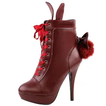 LF30311 Red Cosplay Lolita Halloween Fancy Ear Tail Lace-up Platform Stiletto Ankle Boot