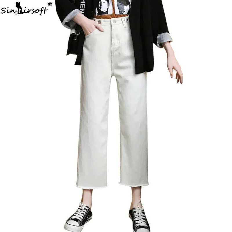 

White Jeans Woman 2019 Spring Korean Loose BF Style Denim Pants Ankle-Length Straight Jeans Plus Size Boyfriend Jeans