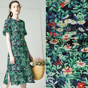 

135CM 12MM Small Green Leaves Print Silk Crepe de Chine Fabric for Spring Summer Dress Blouse Skirt Shirt Pants JH139