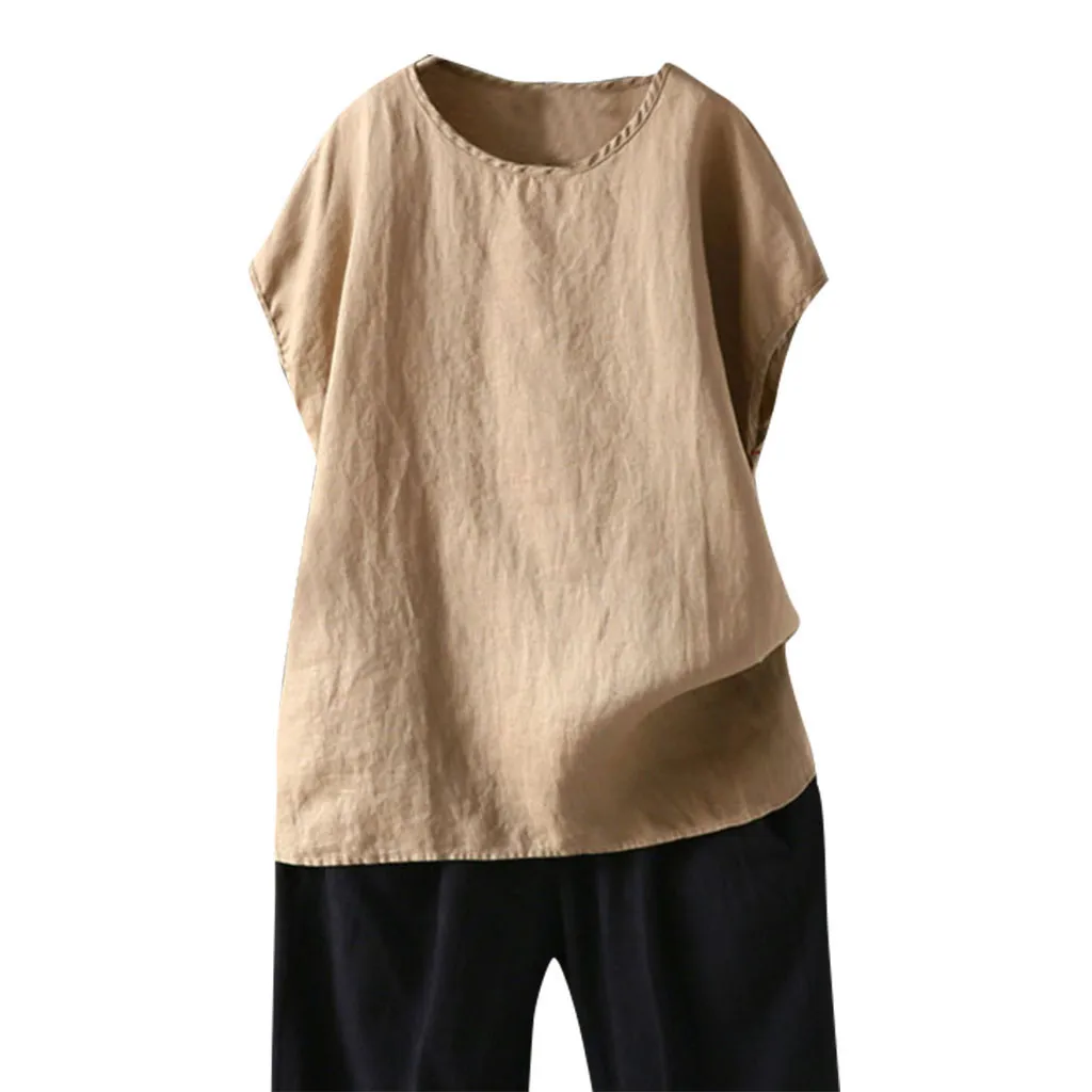 

2019 Womens Casual Loose Linen Plus Size Solid Short Sleeve Tanic Shirt Blouse Tops High quality polyester fabric loose new 524