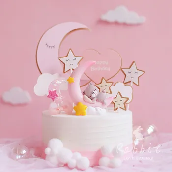 

Ins Pink Moon Bear Star Rabbit Decoration Happy Birthday Cake Toppers for Children Baby Party Baking Wedding Supplies Cute Gifts