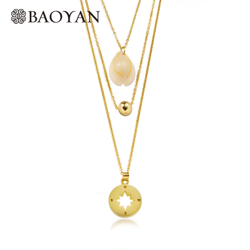 

Baoyan Bohemian Multi Layered Necklace Natural Cowrie Shell Necklace Gold Plating Stainless Steel Polaris Compass Necklace Women