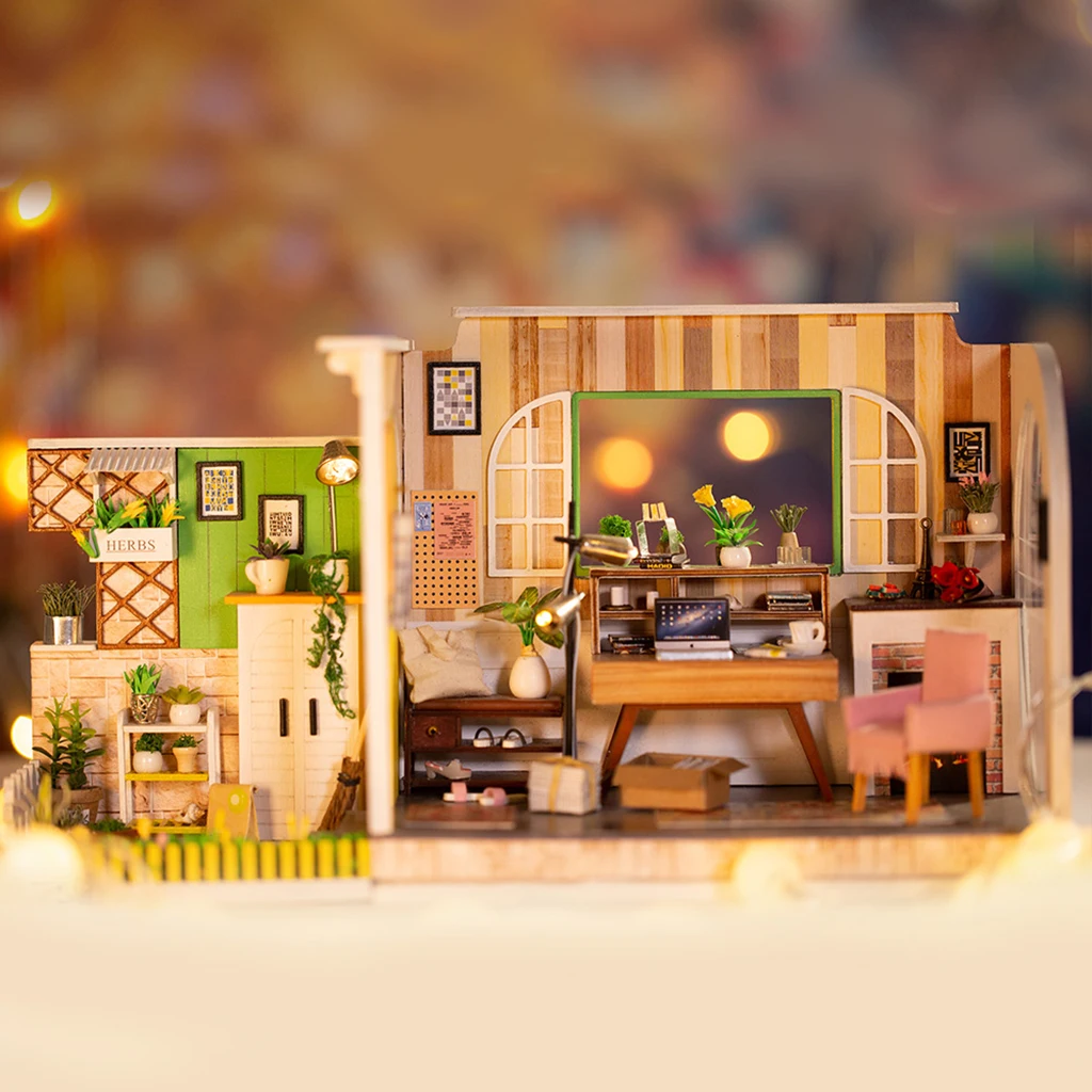 Wooden DIY Dollhouse Kit 1:24 Dollhouse Miniature Studio With Furniture and LED Light, Great for Valentine's Day/ Birthday Gift
