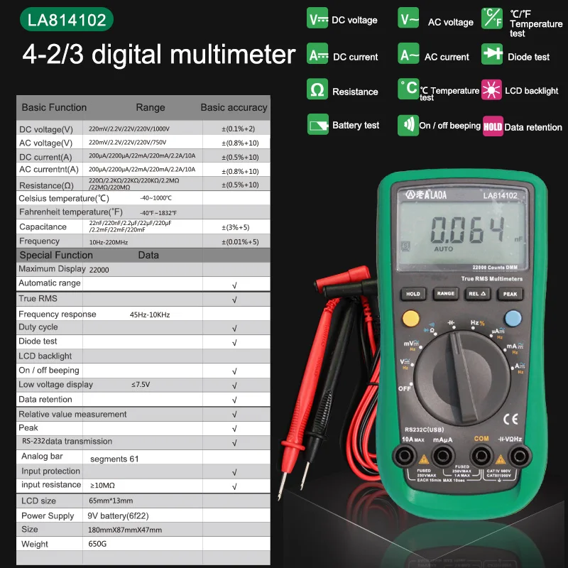 LAOA цифровой дисплей мультиметр Ручной Автоматический диапазон тест er маленький карманный Электрический тест er метр с тестовыми проводами - Цвет: LA814102